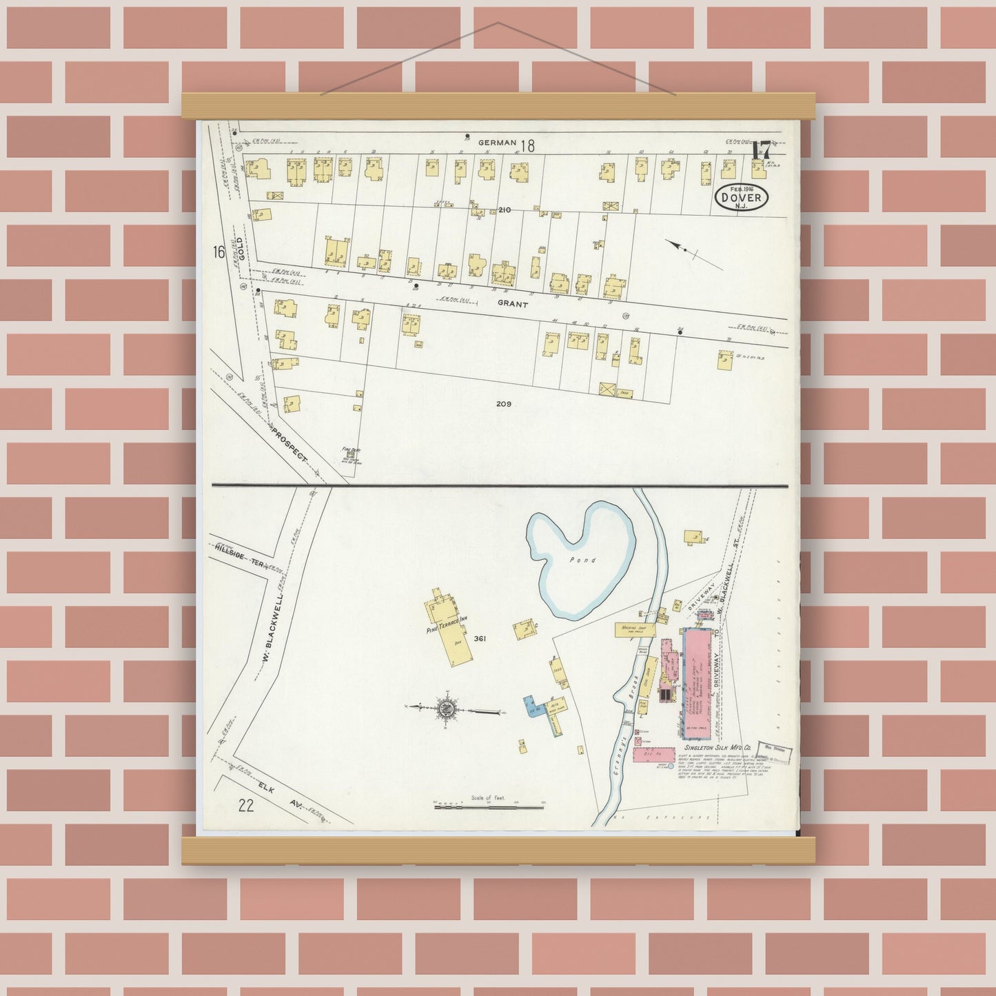 Old map wall art mockup — magnetic wood frame on brick wall — Sanborn Fire Insurance Map from Dover, Morris County, New Jersey (1916), Sheet #0017
