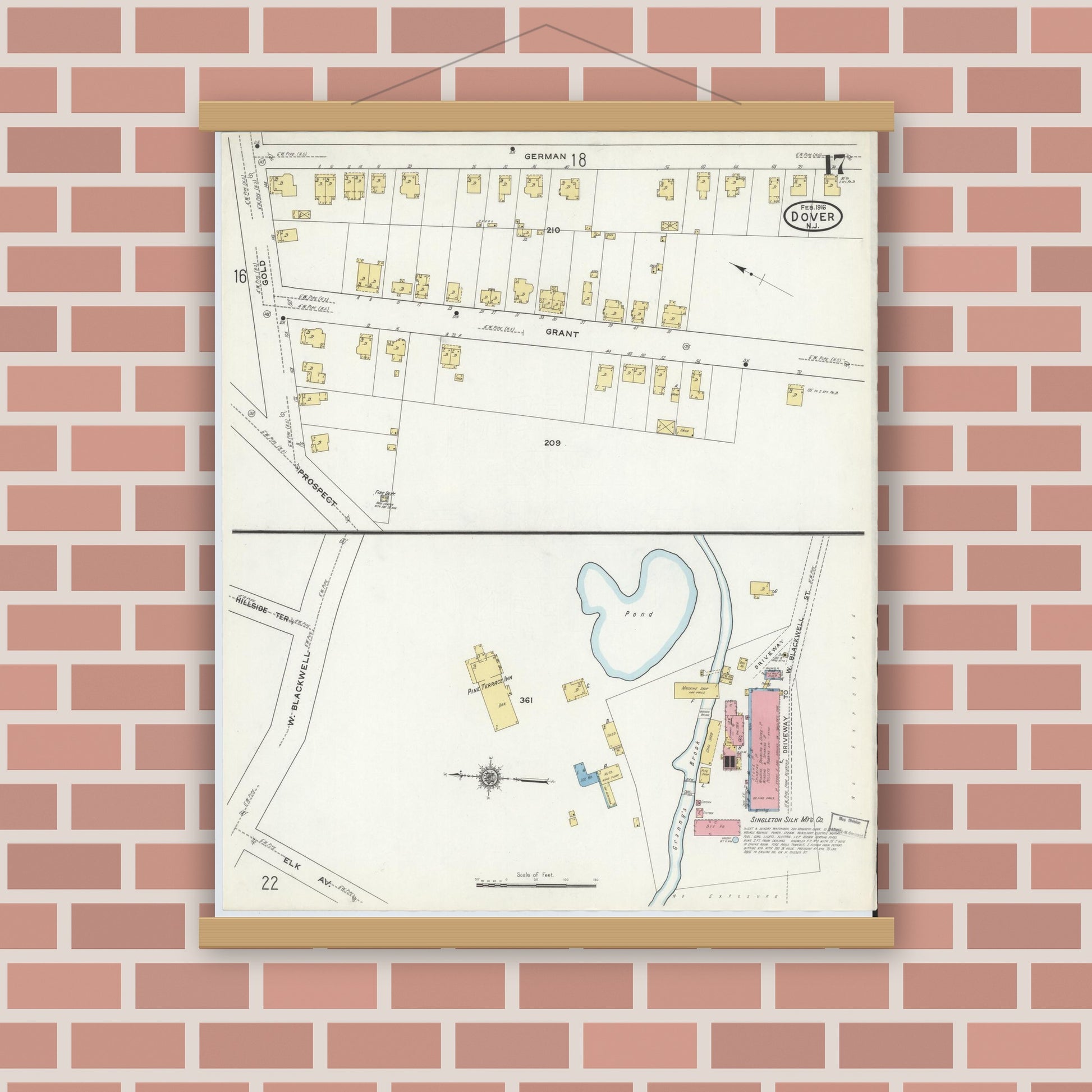 Old map wall art mockup — magnetic wood frame on brick wall — Sanborn Fire Insurance Map from Dover, Morris County, New Jersey (1916), Sheet #0017