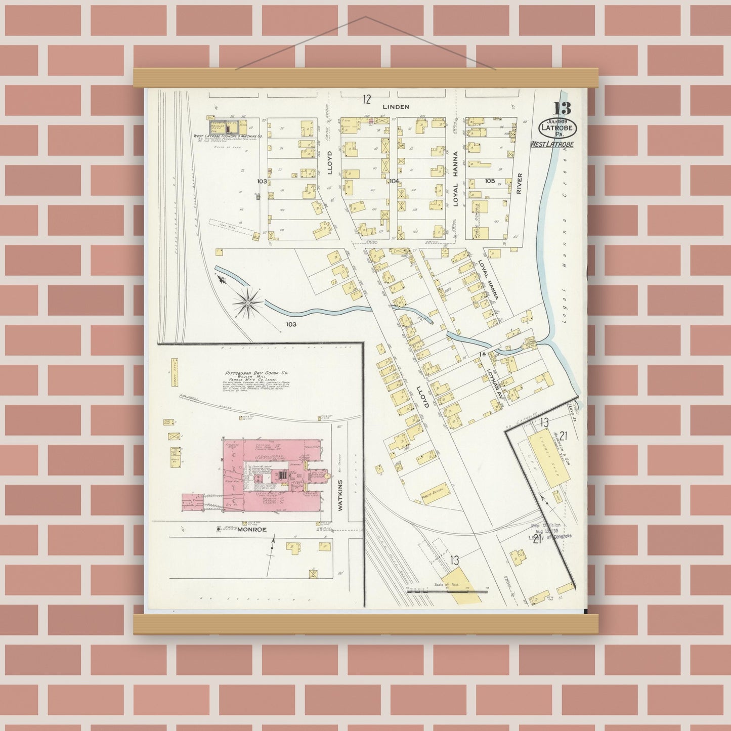 Old map wall art mockup — magnetic wood frame on brick wall — Sanborn Fire Insurance Map from Latrobe, Westmoreland County, Pennsylvania (1909), Sheet #0013