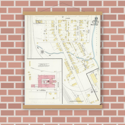 Old map wall art mockup — magnetic wood frame on brick wall — Sanborn Fire Insurance Map from Latrobe, Westmoreland County, Pennsylvania (1909), Sheet #0013