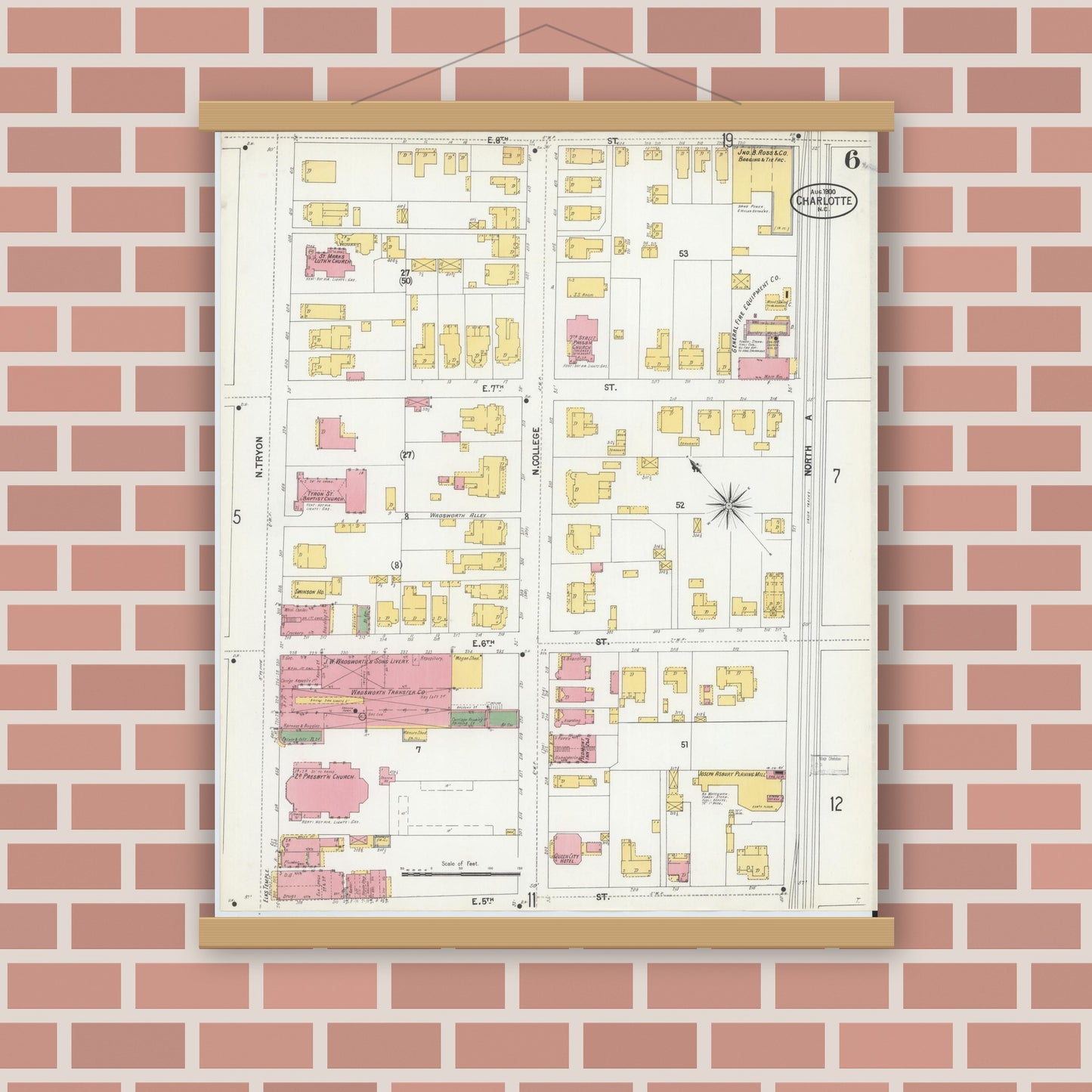 Old map wall art mockup — magnetic wood frame on brick wall — Sanborn Fire Insurance Map from Charlotte, Mecklenburg County, North Carolina (1900), Sheet #0006