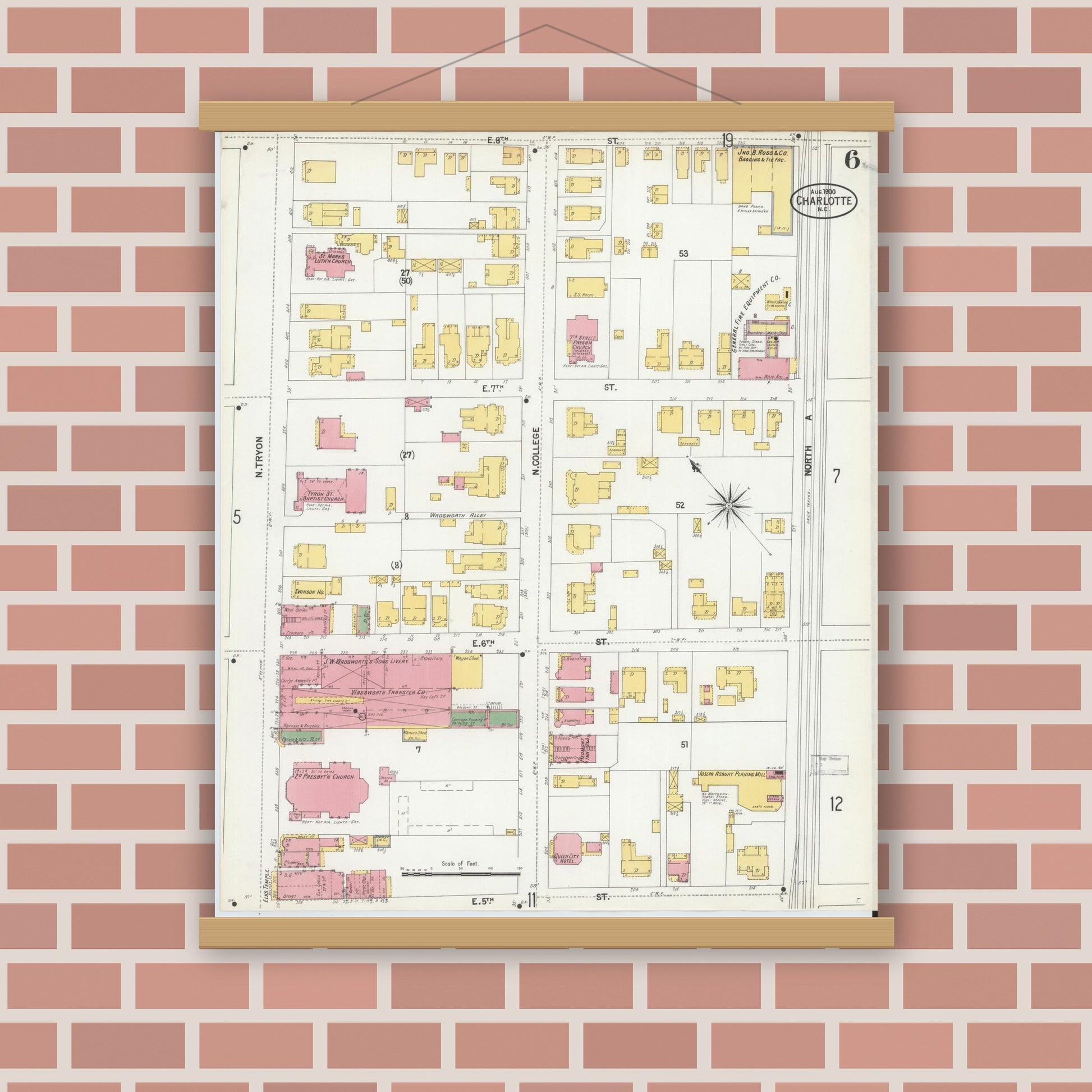 Old map wall art mockup — magnetic wood frame on brick wall — Sanborn Fire Insurance Map from Charlotte, Mecklenburg County, North Carolina (1900), Sheet #0006