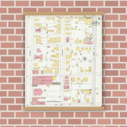 Old map wall art mockup — magnetic wood frame on brick wall — Sanborn Fire Insurance Map from Charlotte, Mecklenburg County, North Carolina (1900), Sheet #0006