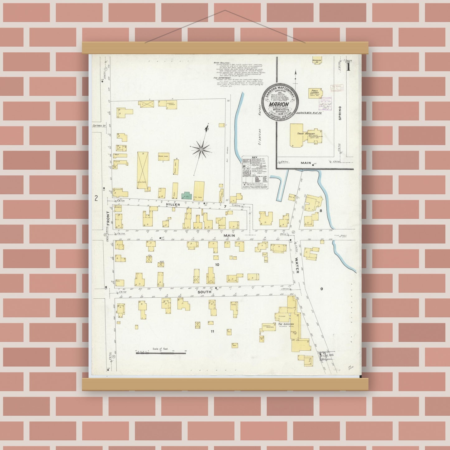 Old map wall art mockup — magnetic wood frame on brick wall — Sanborn Fire Insurance Map from Marion, Plymouth County, Massachusetts (1908) - Complete Map Set