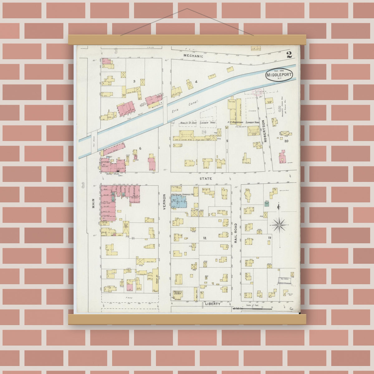 Old map wall art mockup — magnetic wood frame on brick wall — Sanborn Fire Insurance Map from Middleport, Niagara County, New York (1894), Sheet #0002