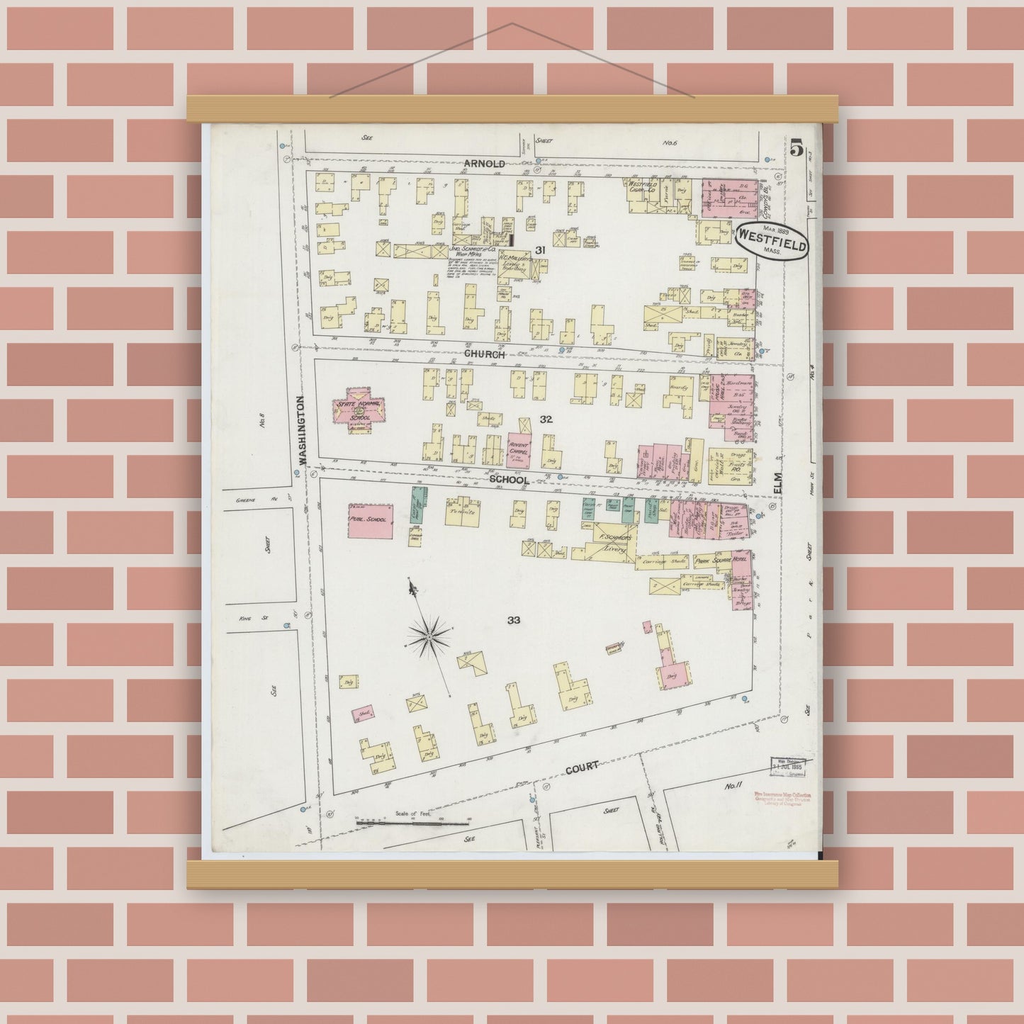 Old map wall art mockup — magnetic wood frame on brick wall — Sanborn Fire Insurance Map from Westfield, Hampden County, Massachusetts (1889), Sheet #0005