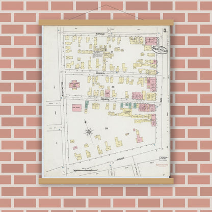 Old map wall art mockup — magnetic wood frame on brick wall — Sanborn Fire Insurance Map from Westfield, Hampden County, Massachusetts (1889), Sheet #0005