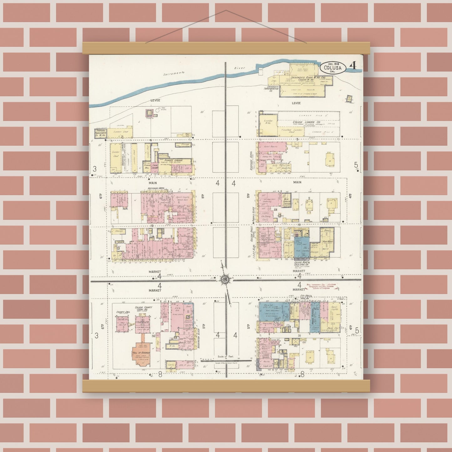 Old map wall art mockup — magnetic wood frame on brick wall — Sanborn Fire Insurance Map from Colusa, Colusa County, California (1918), Sheet #0004