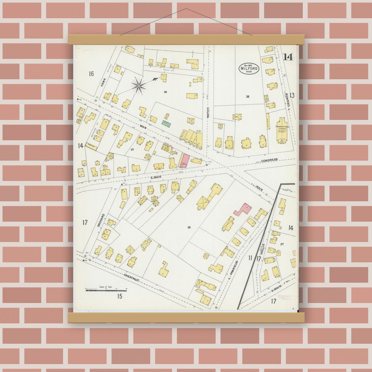 Old map wall art mockup — magnetic wood frame on brick wall — Sanborn Fire Insurance Map from Milford, Worcester County, Massachusetts (1903), Sheet #0014