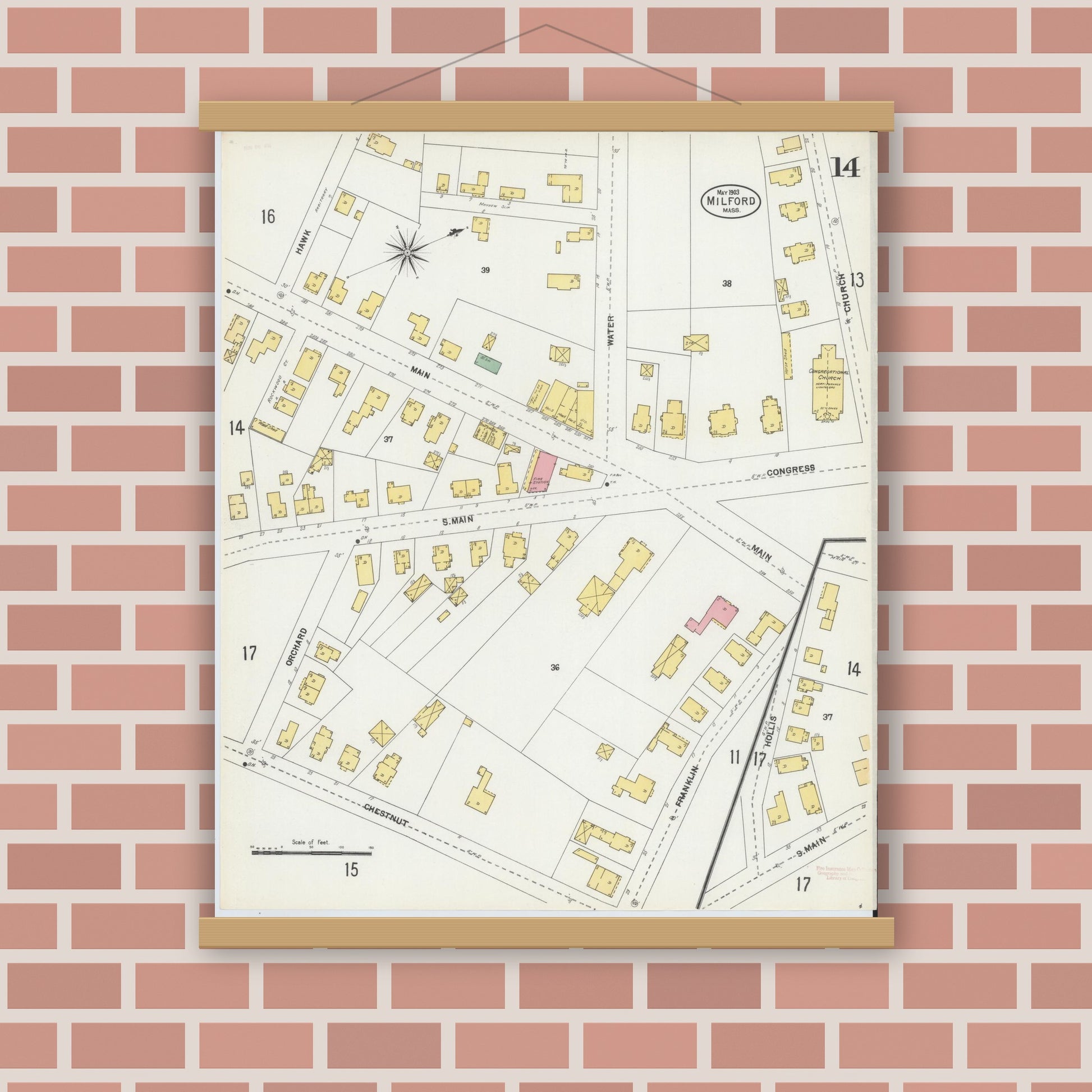 Old map wall art mockup — magnetic wood frame on brick wall — Sanborn Fire Insurance Map from Milford, Worcester County, Massachusetts (1903), Sheet #0014