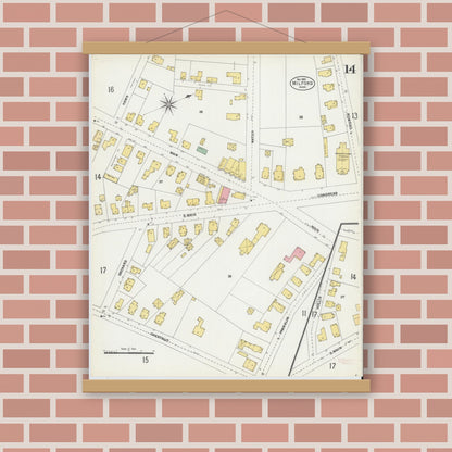 Old map wall art mockup — magnetic wood frame on brick wall — Sanborn Fire Insurance Map from Milford, Worcester County, Massachusetts (1903), Sheet #0014