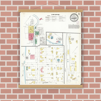 Old map wall art mockup — magnetic wood frame on brick wall — Sanborn Fire Insurance Map from Elkader, Clayton County, Iowa (1902), Sheet #0001