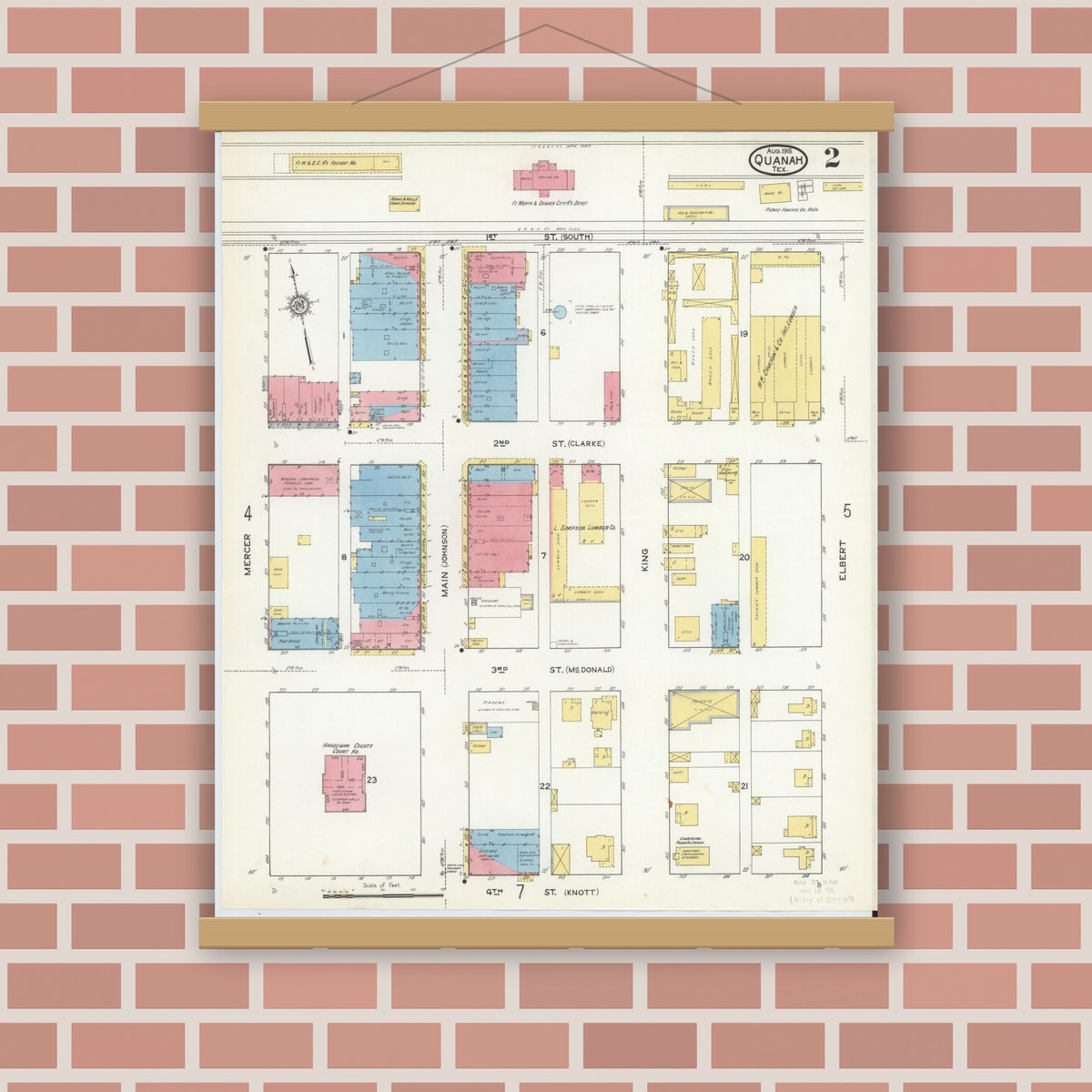 Old map wall art mockup — magnetic wood frame on brick wall — Sanborn Fire Insurance Map from Quanah, Hardeman County, Texas (1915), Sheet #0002