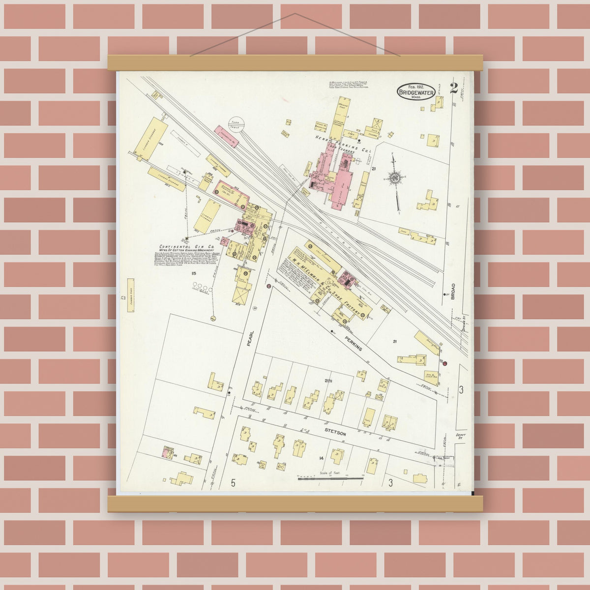 Old map wall art mockup — magnetic wood frame on brick wall — Sanborn Fire Insurance Map from Bridgewater, Plymouth County, Massachusetts (1912), Sheet #0002