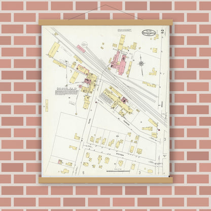 Old map wall art mockup — magnetic wood frame on brick wall — Sanborn Fire Insurance Map from Bridgewater, Plymouth County, Massachusetts (1912), Sheet #0002