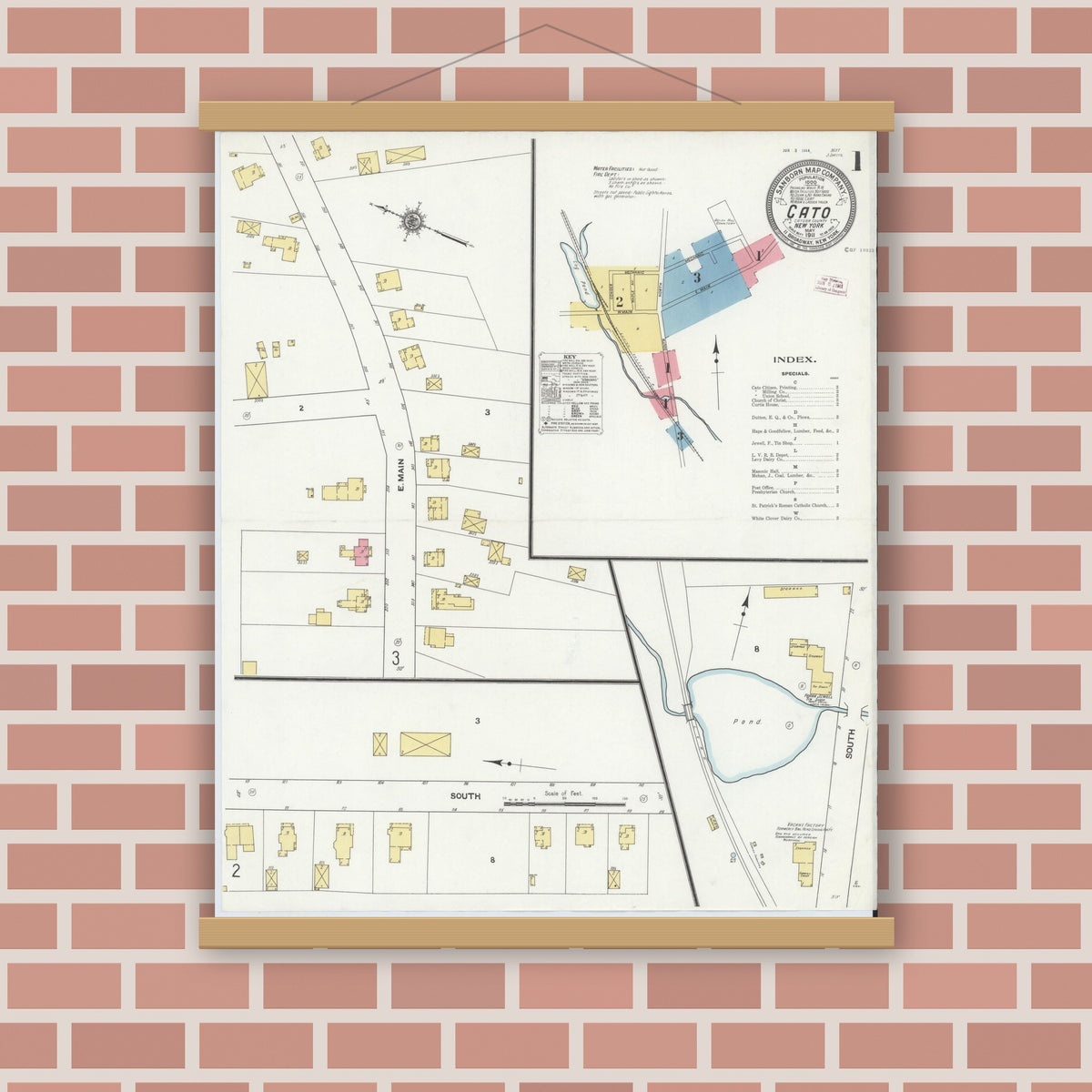 Old map wall art mockup — magnetic wood frame on brick wall — Sanborn Fire Insurance Map from Cato, Cayuga County, New York (1911) - Complete Map Set