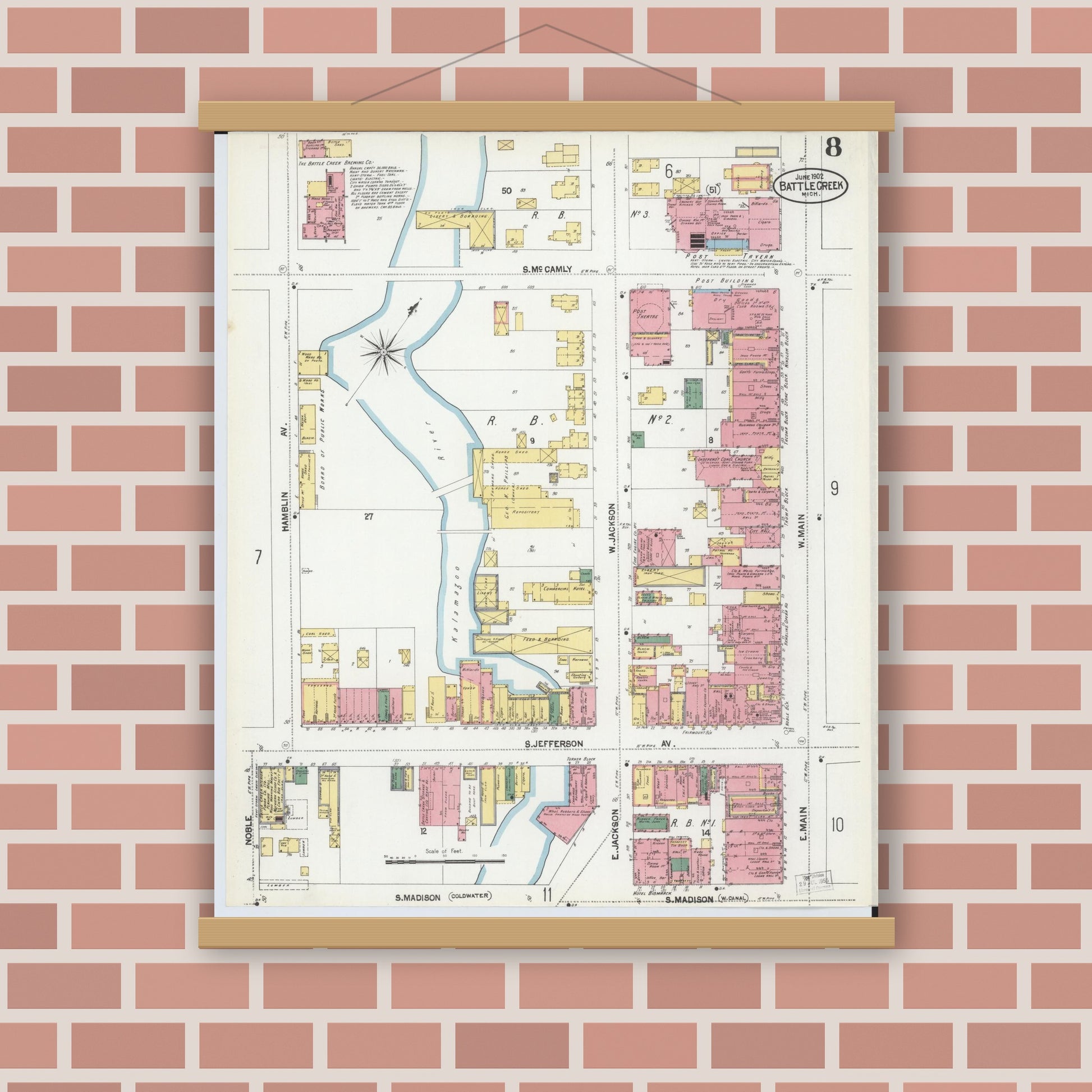 Old map wall art mockup — magnetic wood frame on brick wall — Sanborn Fire Insurance Map from Battle Creek, Calhoun County, Michigan (1902), Sheet #0008