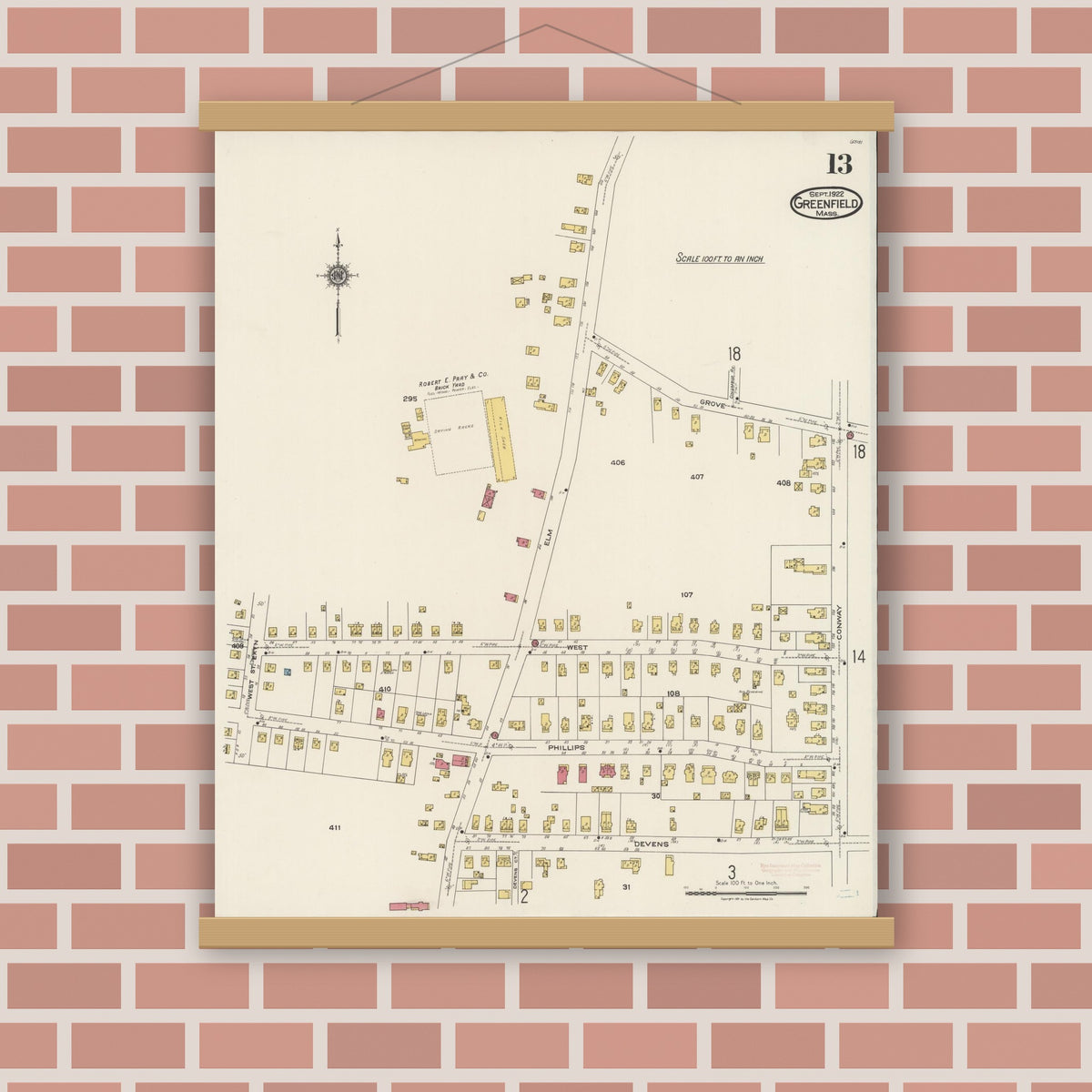 Old map wall art mockup — magnetic wood frame on brick wall — Sanborn Fire Insurance Map from Greenfield, Franklin County, Massachusetts (1922), Sheet #0013