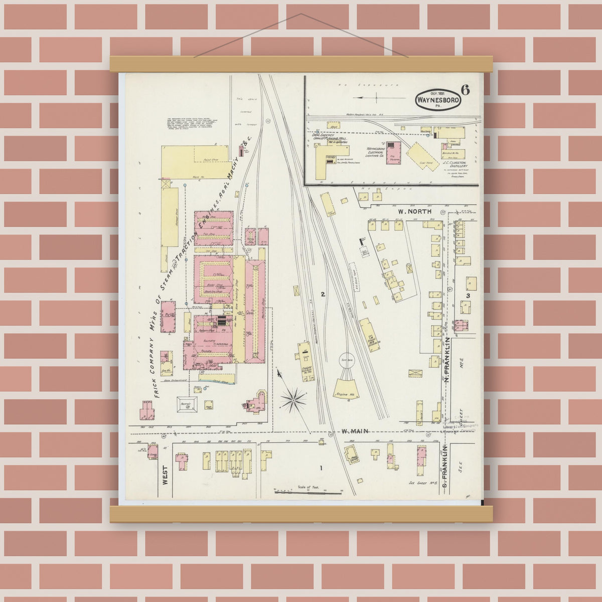 Old map wall art mockup — magnetic wood frame on brick wall — Sanborn Fire Insurance Map from Waynesboro, Franklin County, Pennsylvania (1891), Sheet #0006