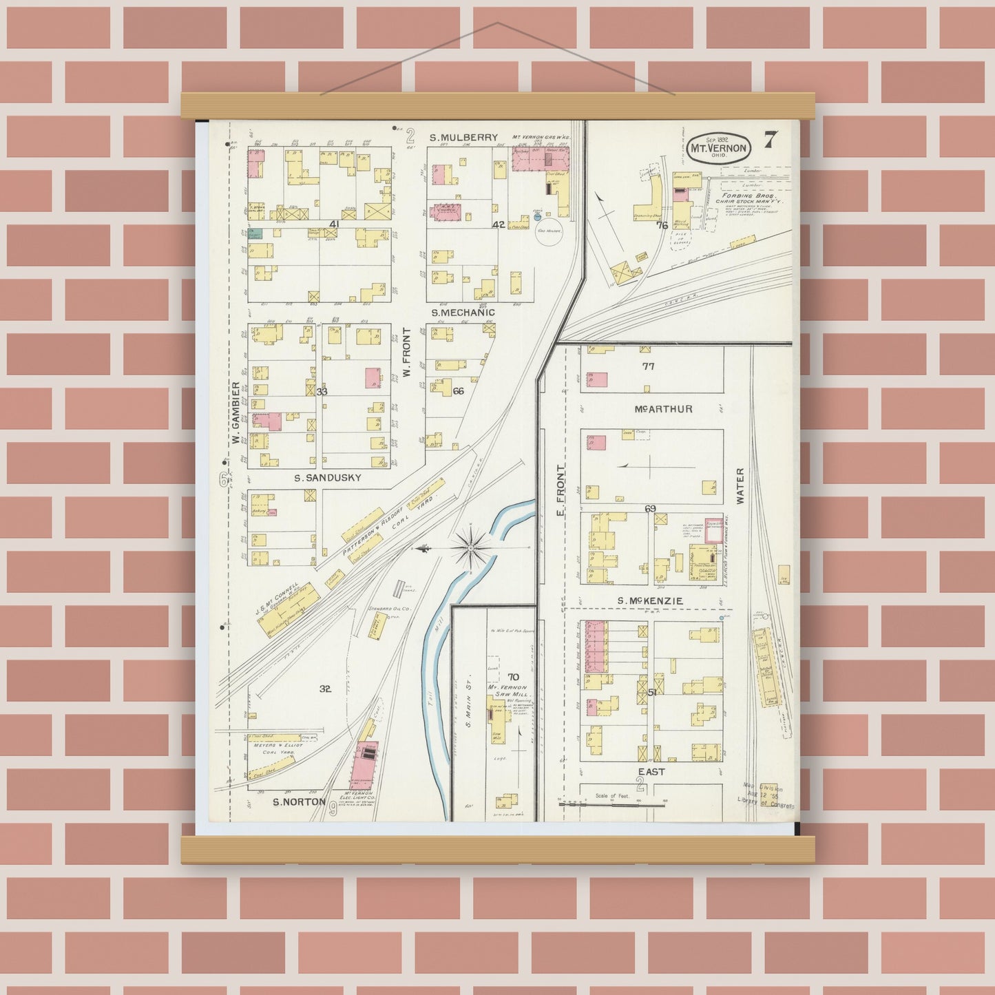 Old map wall art mockup — magnetic wood frame on brick wall — Sanborn Fire Insurance Map from Mount Vernon, Knox County, Ohio (1892), Sheet #0007