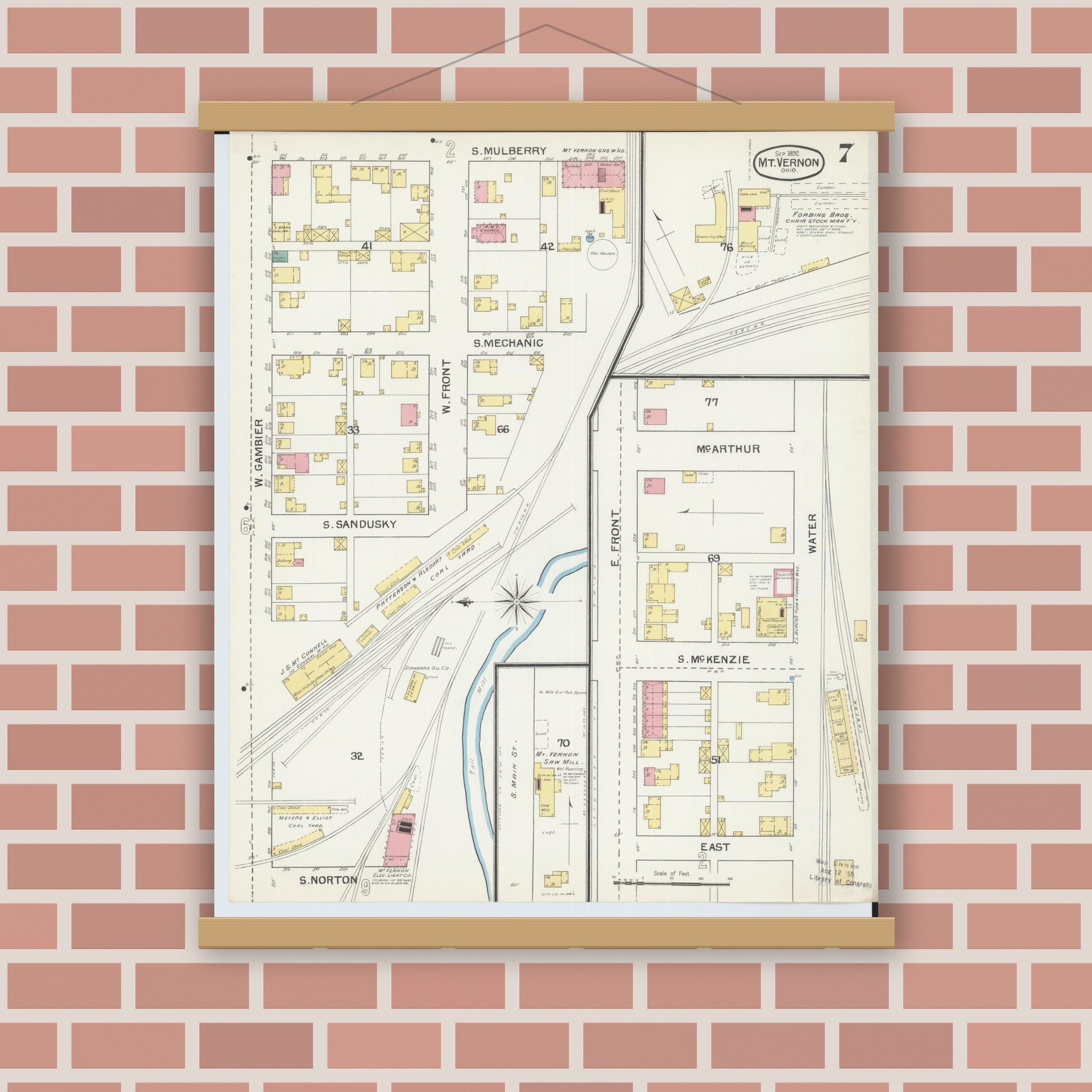 Old map wall art mockup — magnetic wood frame on brick wall — Sanborn Fire Insurance Map from Mount Vernon, Knox County, Ohio (1892), Sheet #0007