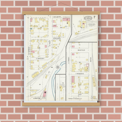 Old map wall art mockup — magnetic wood frame on brick wall — Sanborn Fire Insurance Map from Mount Vernon, Knox County, Ohio (1892), Sheet #0007
