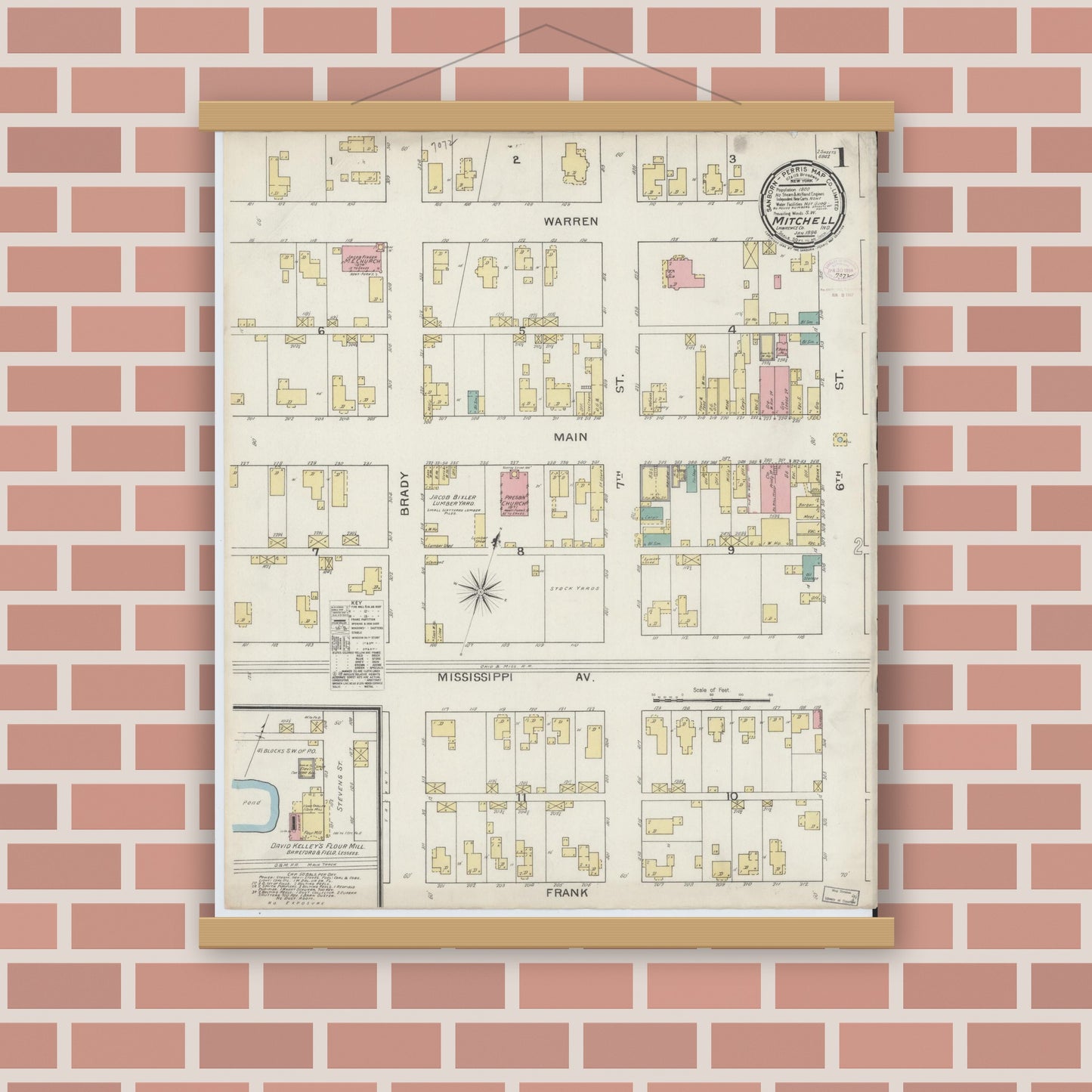 Old map wall art mockup — magnetic wood frame on brick wall — Sanborn Fire Insurance Map from Mitchell, Lawrence County, Indiana (1894) - Complete Map Set