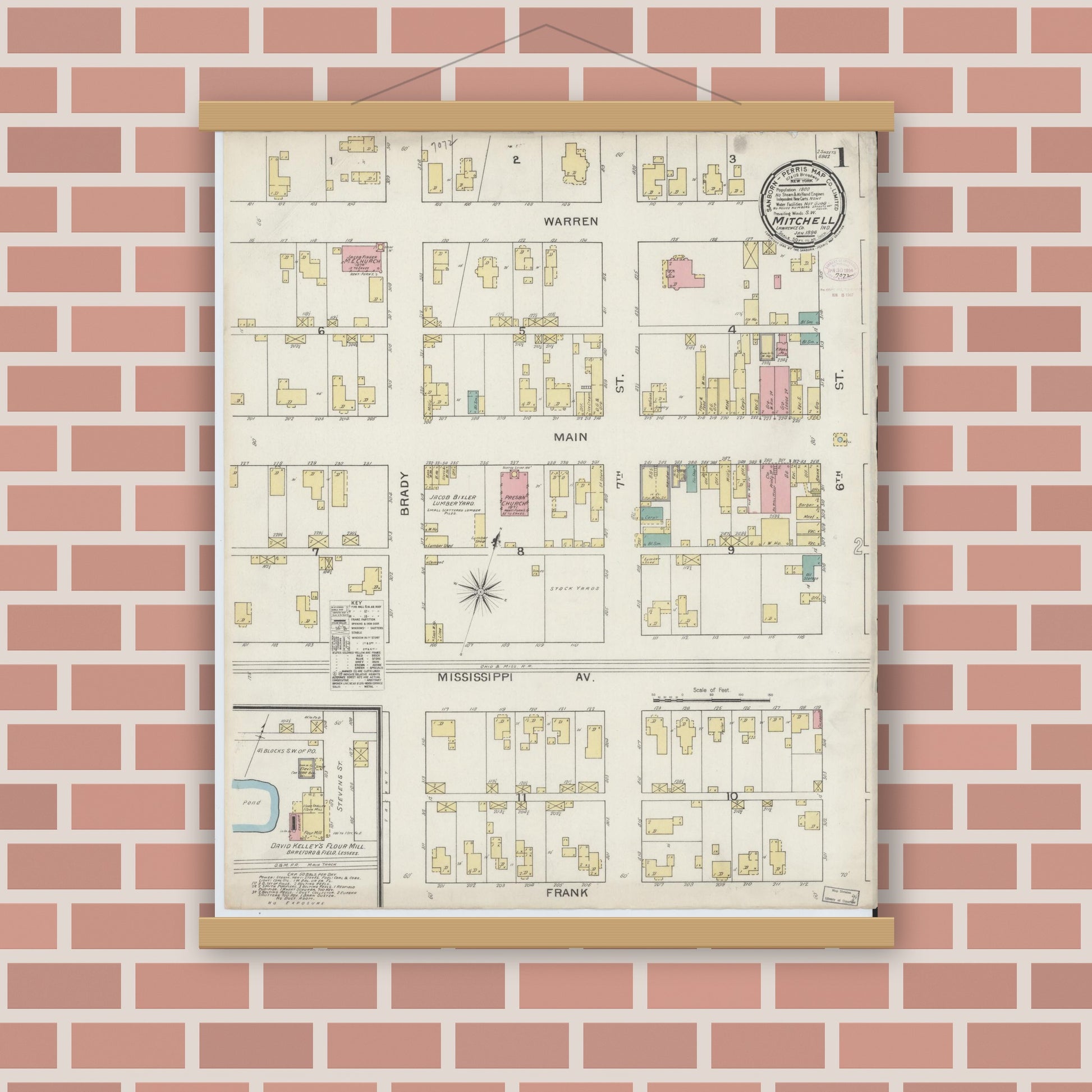 Old map wall art mockup — magnetic wood frame on brick wall — Sanborn Fire Insurance Map from Mitchell, Lawrence County, Indiana (1894) - Complete Map Set