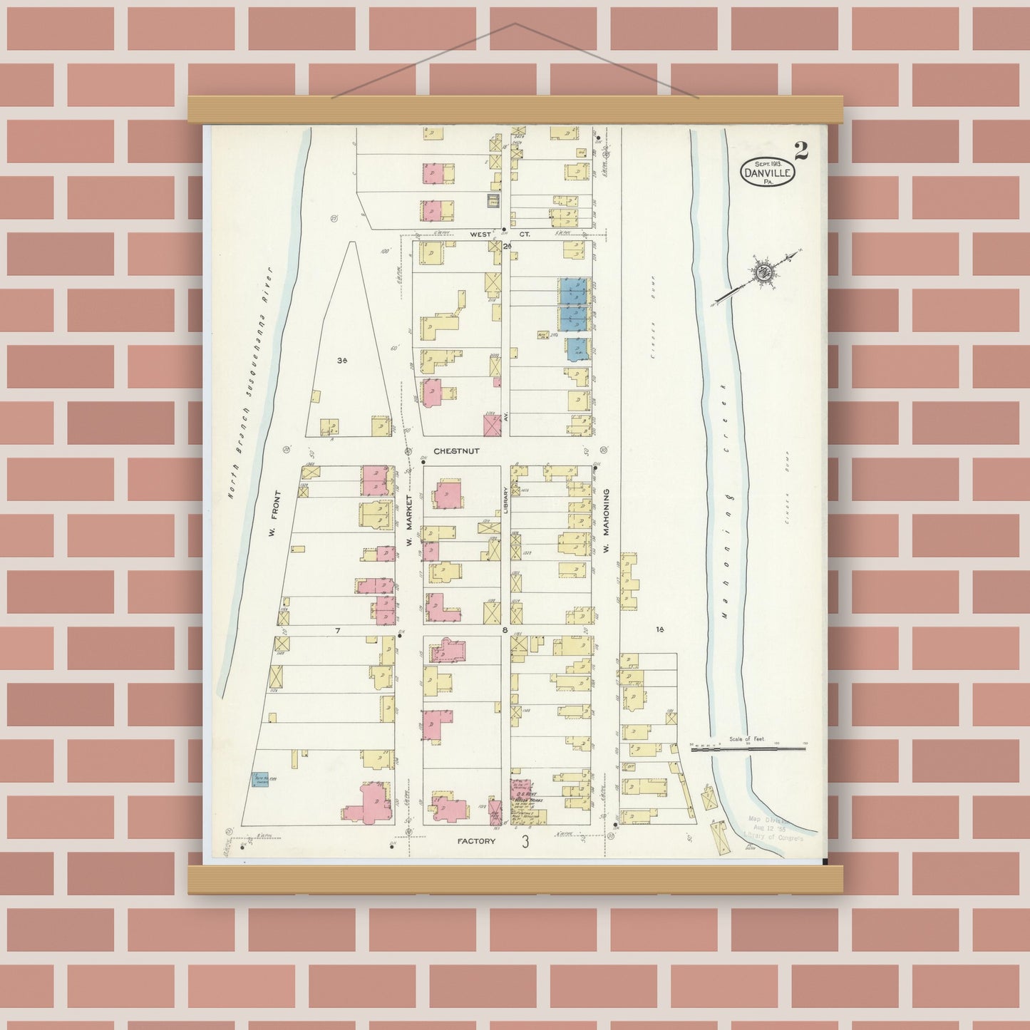Old map wall art mockup — magnetic wood frame on brick wall — Sanborn Fire Insurance Map from Danville, Montour County, Pennsylvania (1913), Sheet #0002
