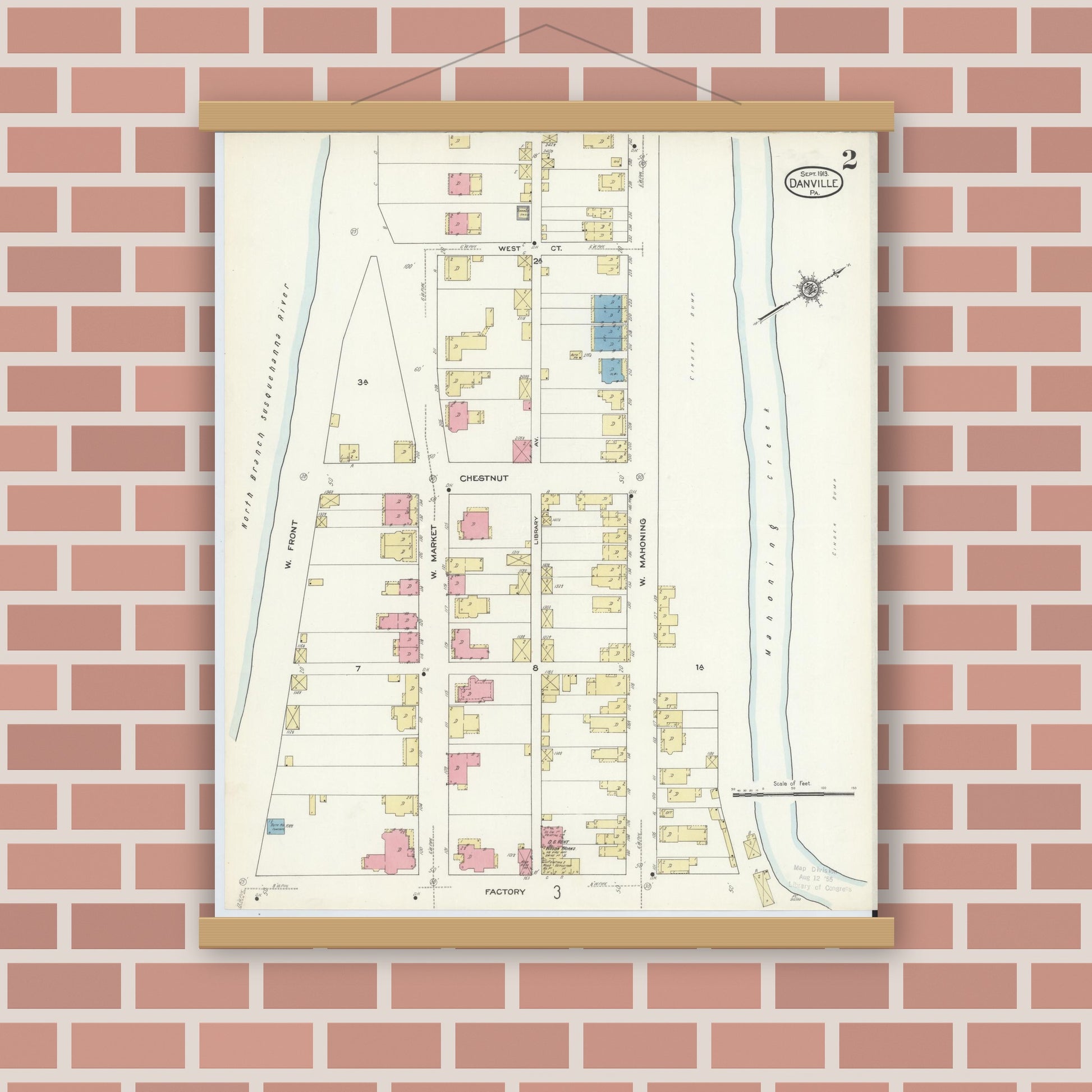 Old map wall art mockup — magnetic wood frame on brick wall — Sanborn Fire Insurance Map from Danville, Montour County, Pennsylvania (1913), Sheet #0002