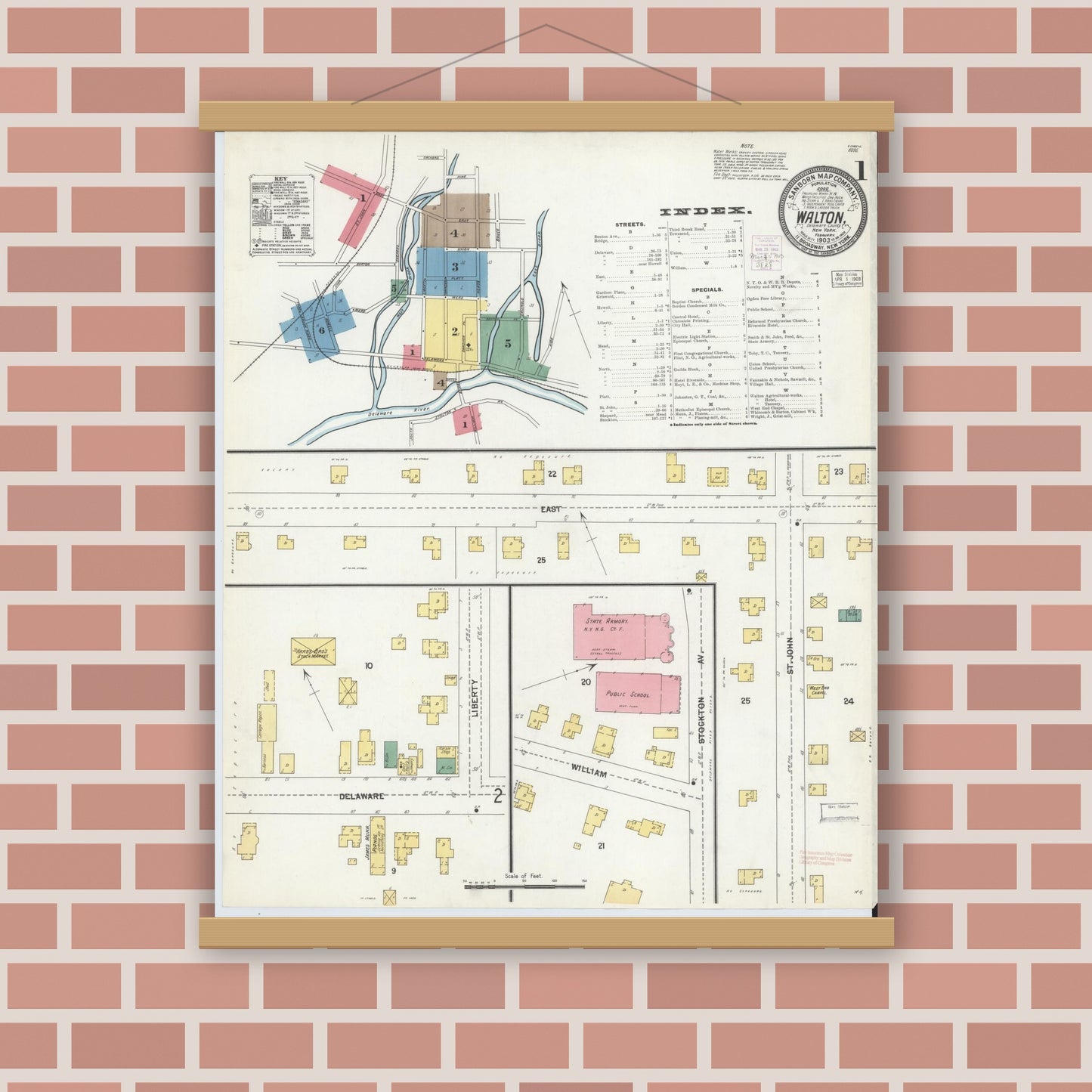 Old map wall art mockup — magnetic wood frame on brick wall — Sanborn Fire Insurance Map from Walton, Delaware County, New York (1903), Sheet #0001