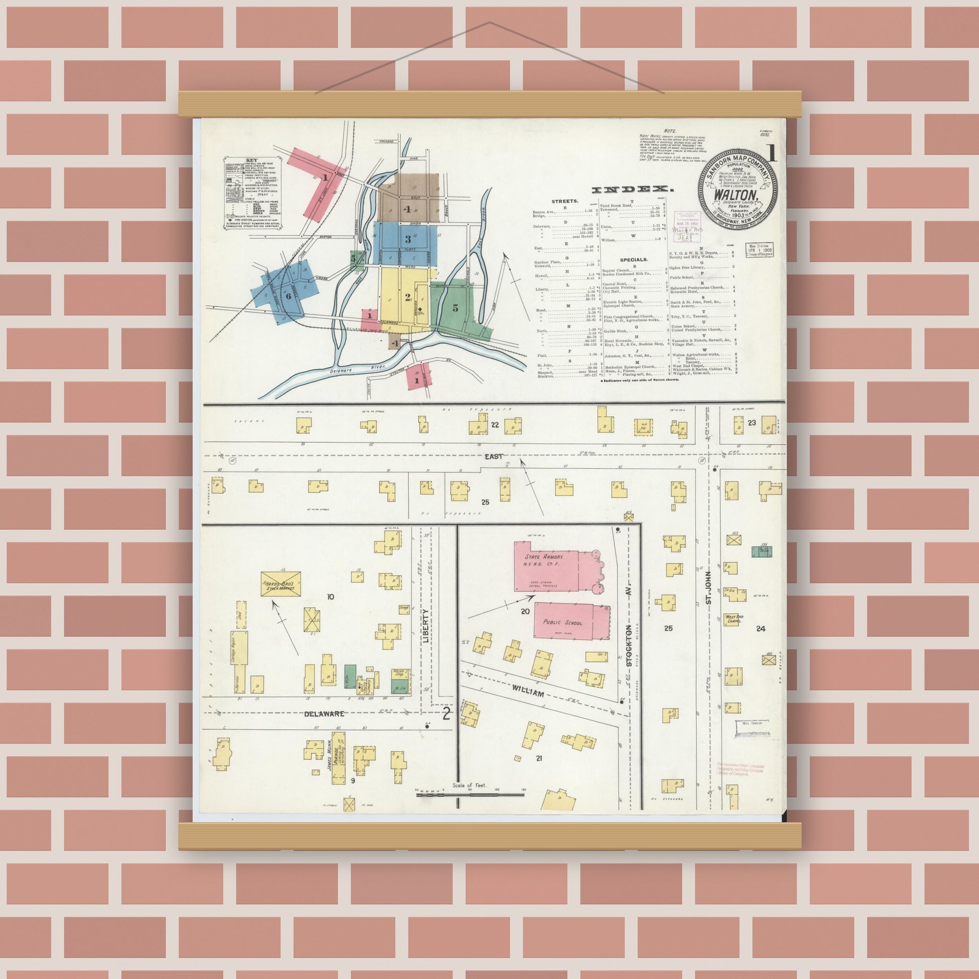 Old map wall art mockup — magnetic wood frame on brick wall — Sanborn Fire Insurance Map from Walton, Delaware County, New York (1903), Sheet #0001