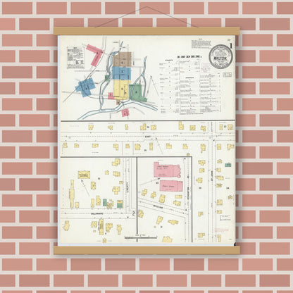 Old map wall art mockup — magnetic wood frame on brick wall — Sanborn Fire Insurance Map from Walton, Delaware County, New York (1903), Sheet #0001