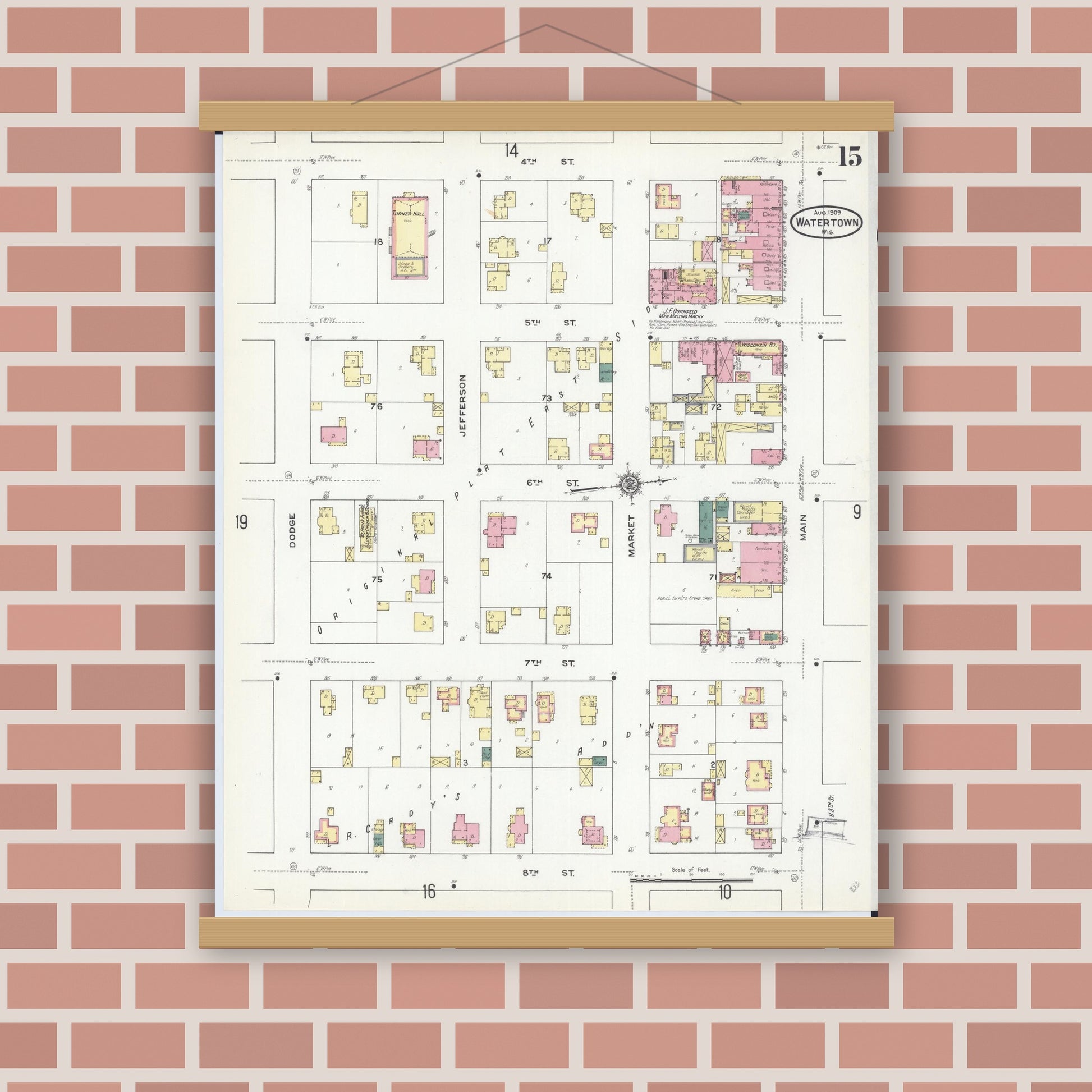 Old map wall art mockup — magnetic wood frame on brick wall — Sanborn Fire Insurance Map from Watertown, Jefferson County, Wisconsin (1909), Sheet #0015