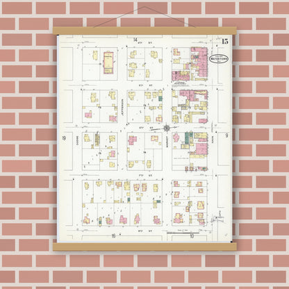 Old map wall art mockup — magnetic wood frame on brick wall — Sanborn Fire Insurance Map from Watertown, Jefferson County, Wisconsin (1909), Sheet #0015