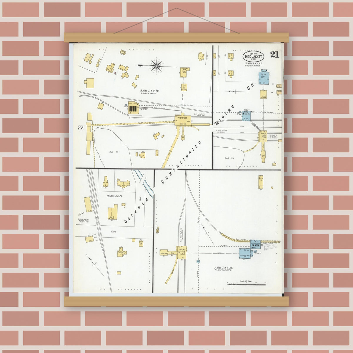 Old map wall art mockup — magnetic wood frame on brick wall — Sanborn Fire Insurance Map from Red Jacket, Houghton County, Michigan (1900), Sheet #0021