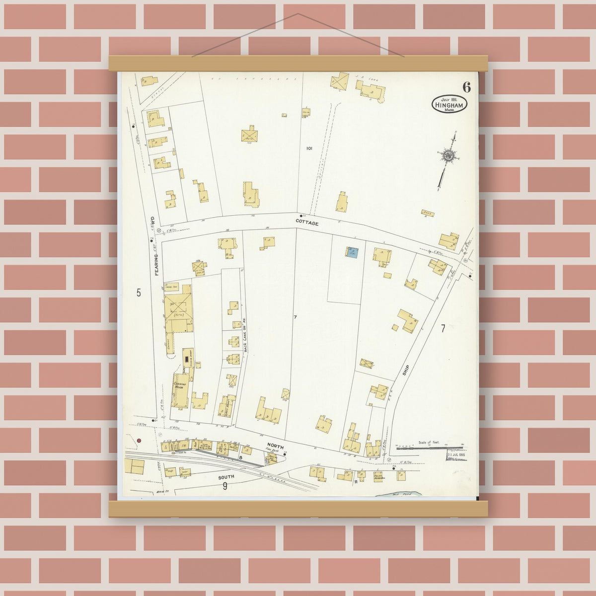 Old map wall art mockup — magnetic wood frame on brick wall — Sanborn Fire Insurance Map from Hingham, Plymouth County, Massachusetts (1911), Sheet #0006