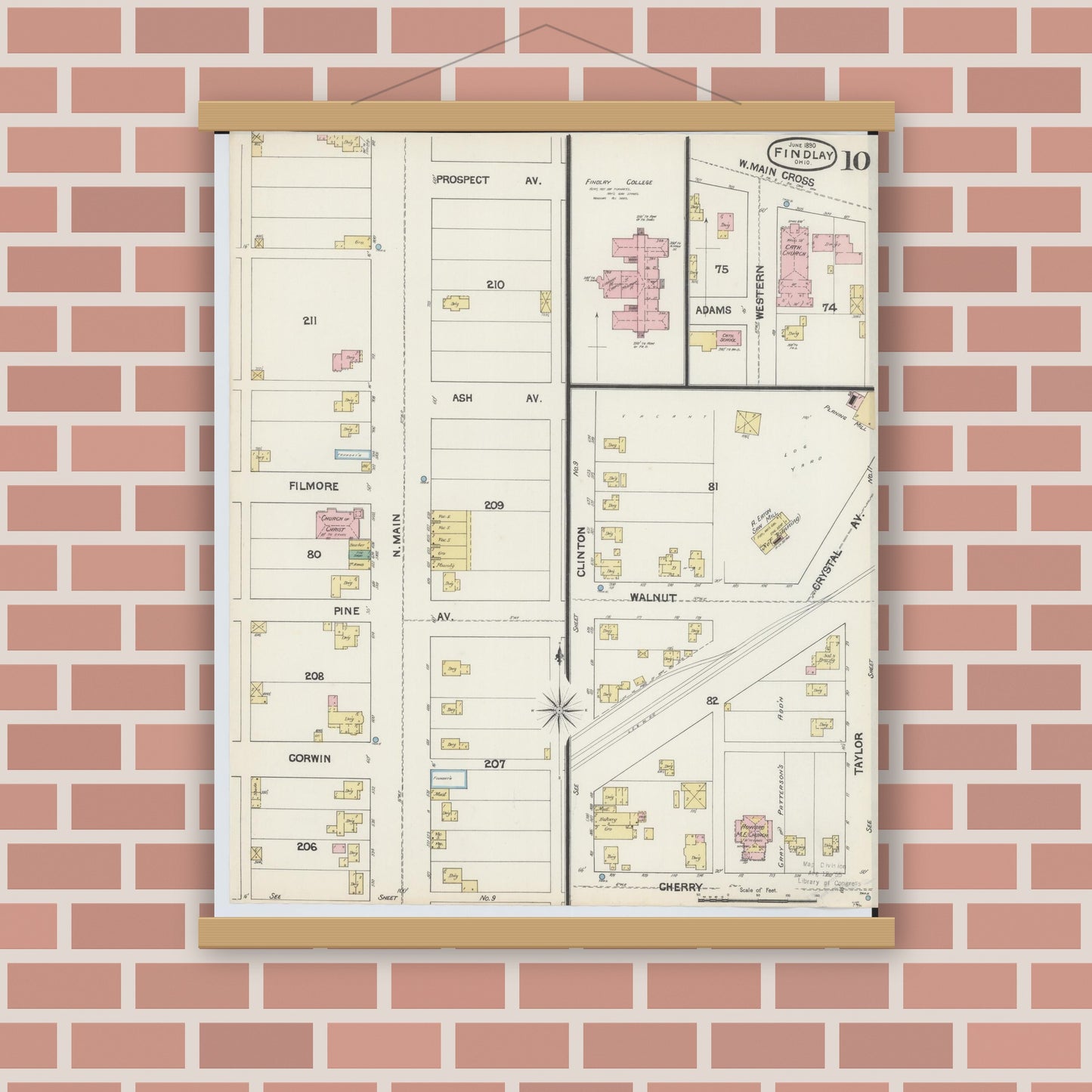 Old map wall art mockup — magnetic wood frame on brick wall — Sanborn Fire Insurance Map from Findlay, Hancock County, Ohio (1890), Sheet #0010
