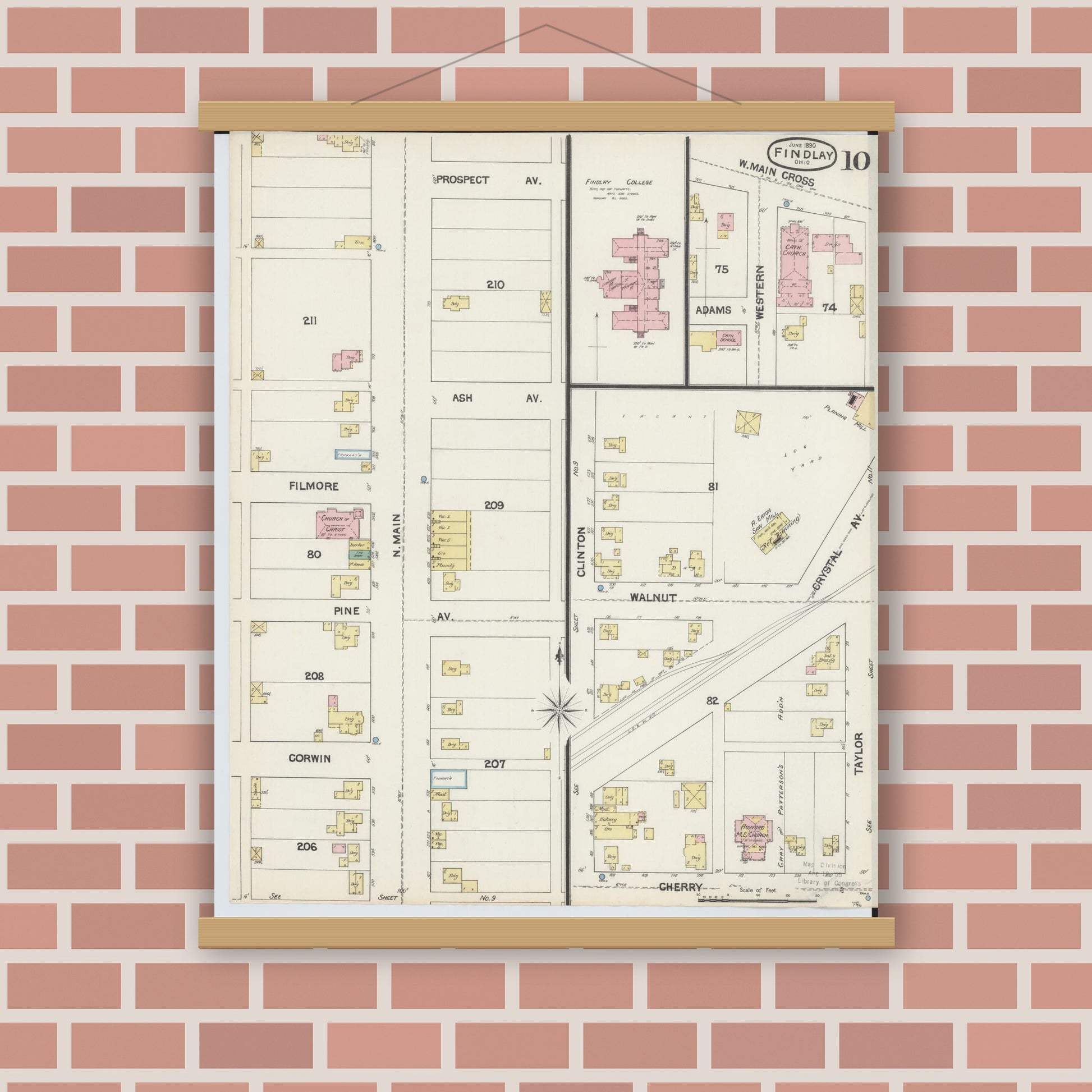 Old map wall art mockup — magnetic wood frame on brick wall — Sanborn Fire Insurance Map from Findlay, Hancock County, Ohio (1890), Sheet #0010