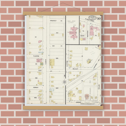 Old map wall art mockup — magnetic wood frame on brick wall — Sanborn Fire Insurance Map from Findlay, Hancock County, Ohio (1890), Sheet #0010