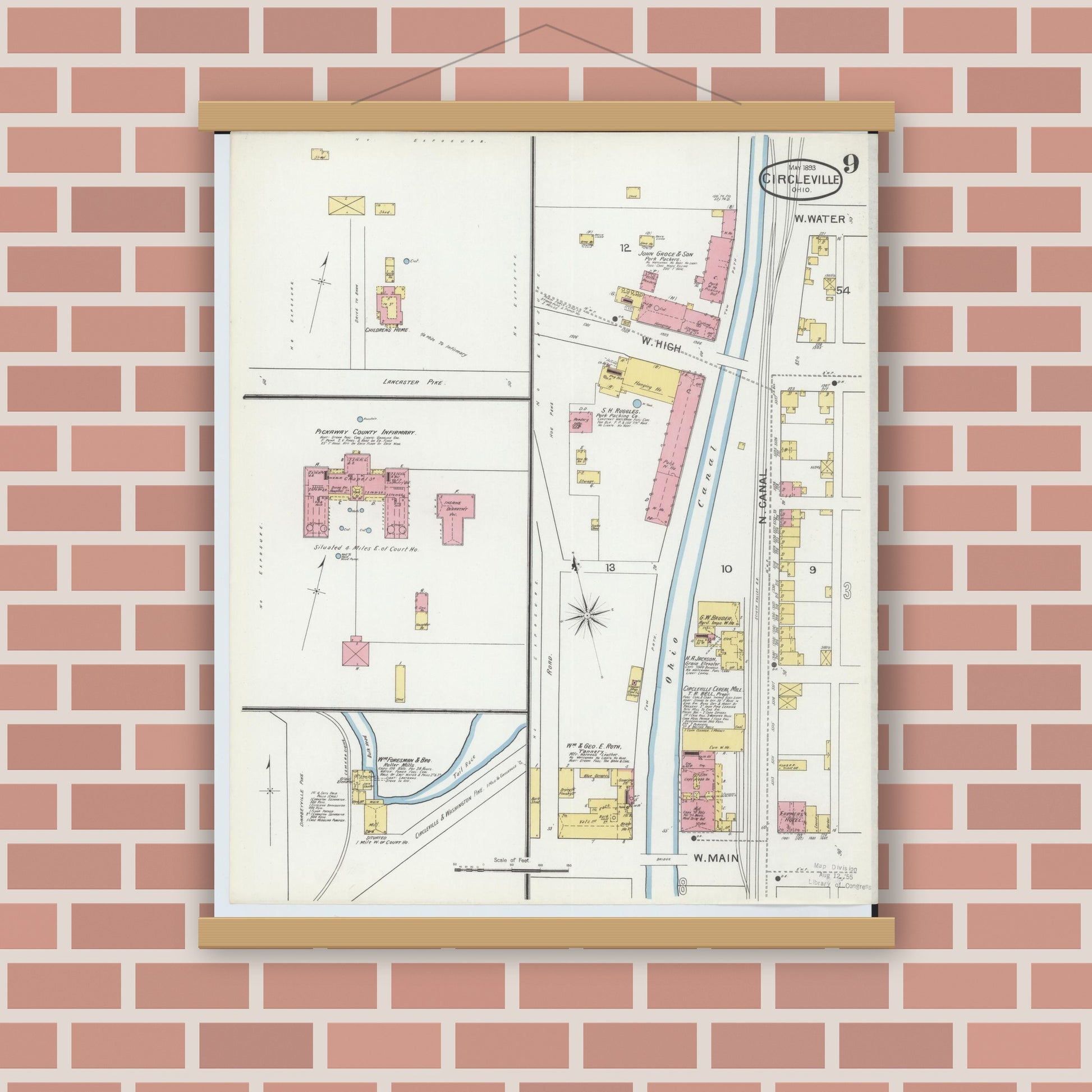 Old map wall art mockup — magnetic wood frame on brick wall — Sanborn Fire Insurance Map from Circleville, Pickaway County, Ohio (1893), Sheet #0009