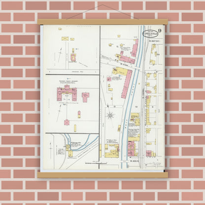 Old map wall art mockup — magnetic wood frame on brick wall — Sanborn Fire Insurance Map from Circleville, Pickaway County, Ohio (1893), Sheet #0009