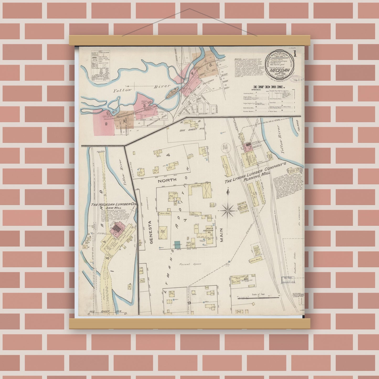 Old map wall art mockup — magnetic wood frame on brick wall — Sanborn Fire Insurance Map from Necedah, Juneau County, Wisconsin (1885) - Complete Map Set