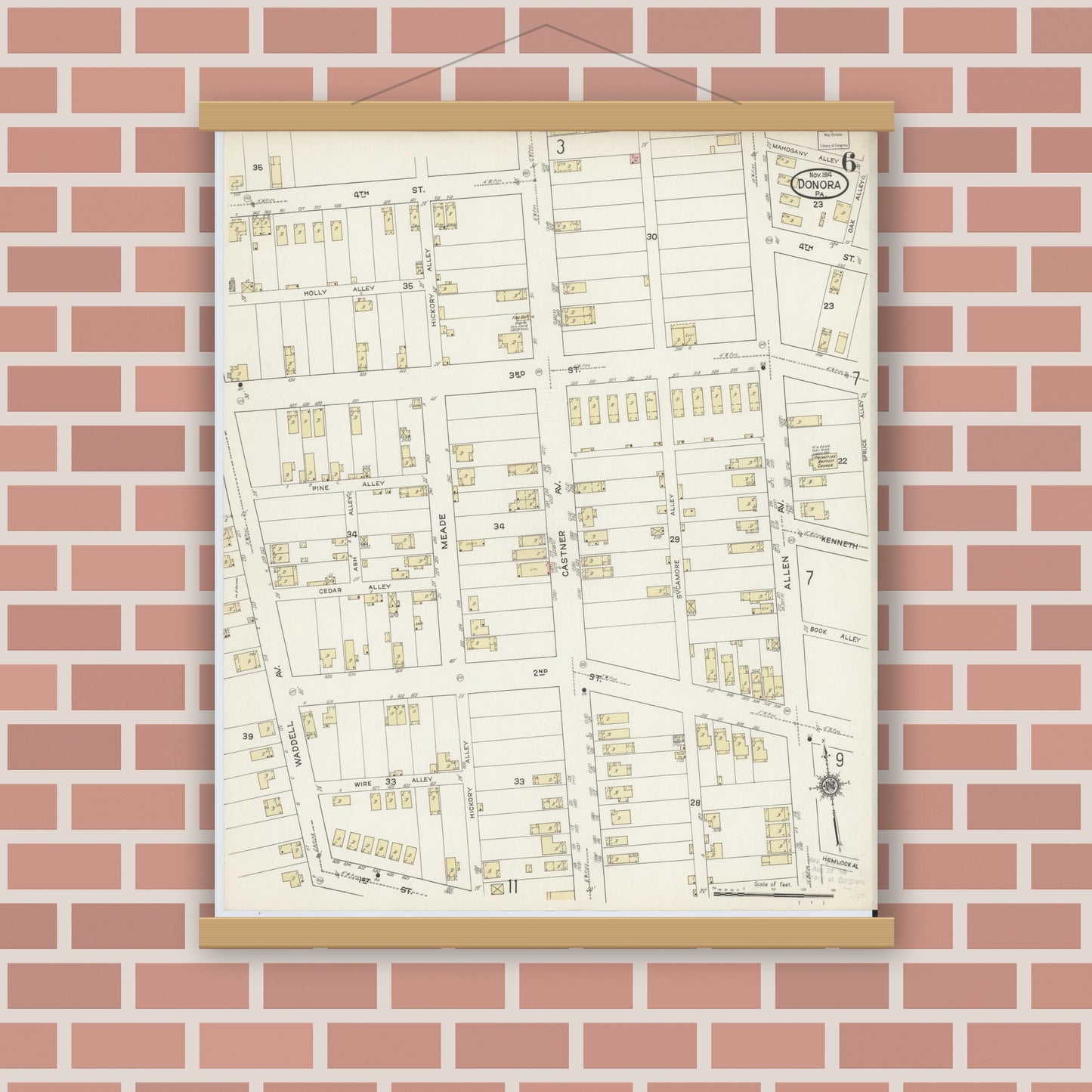 Old map wall art mockup — magnetic wood frame on brick wall — Sanborn Fire Insurance Map from Donora, Washington County, Pennsylvania (1914), Sheet #0006