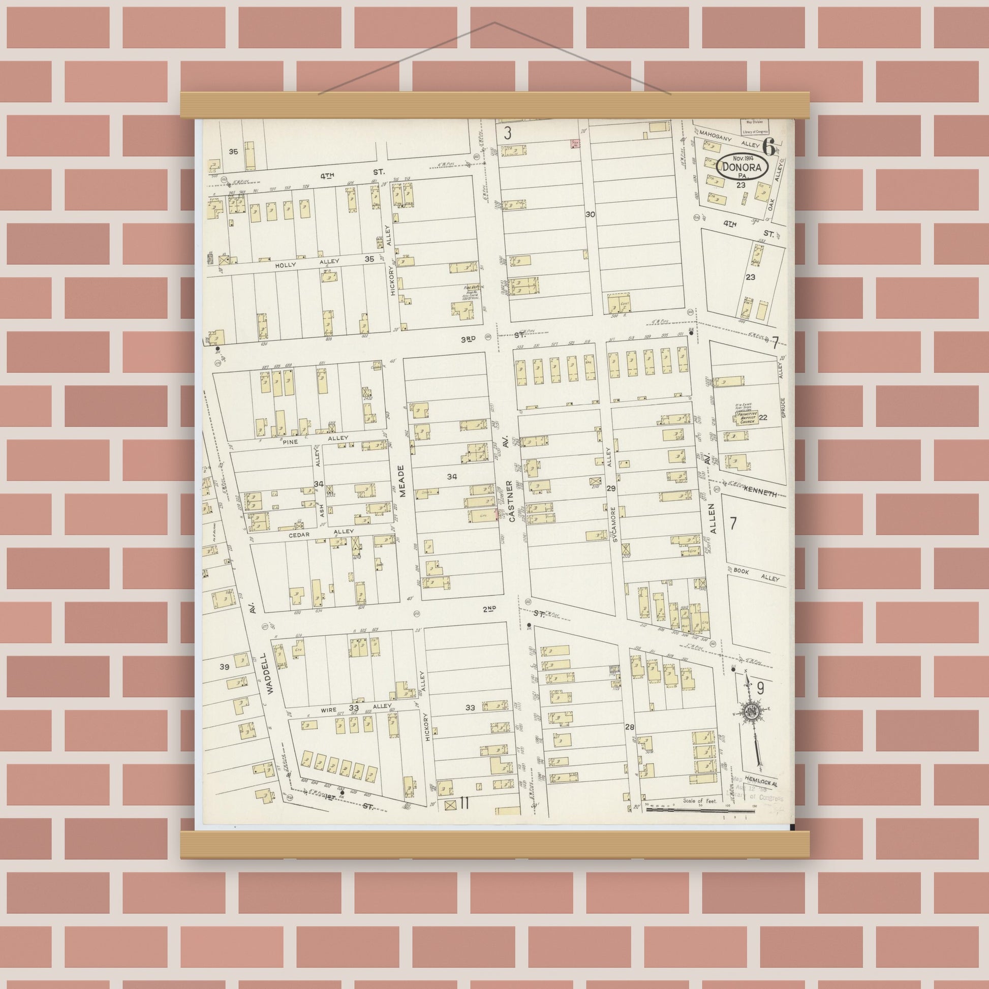 Old map wall art mockup — magnetic wood frame on brick wall — Sanborn Fire Insurance Map from Donora, Washington County, Pennsylvania (1914), Sheet #0006