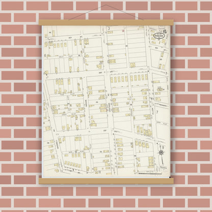Old map wall art mockup — magnetic wood frame on brick wall — Sanborn Fire Insurance Map from Donora, Washington County, Pennsylvania (1914), Sheet #0006