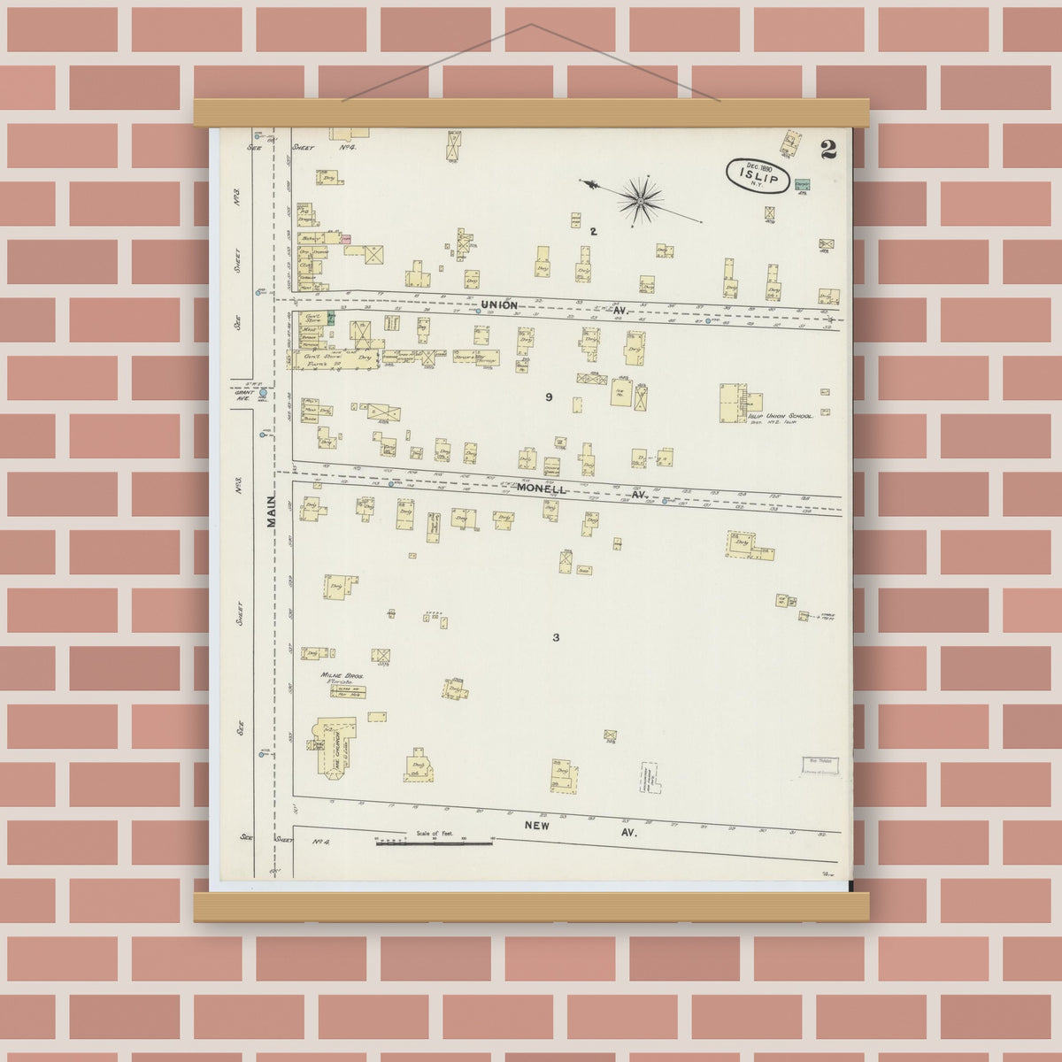 Old map wall art mockup — magnetic wood frame on brick wall — Sanborn Fire Insurance Map from Islip, Suffolk County, New York (1890), Sheet #0002