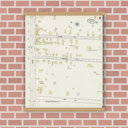 Old map wall art mockup — magnetic wood frame on brick wall — Sanborn Fire Insurance Map from Islip, Suffolk County, New York (1890), Sheet #0002