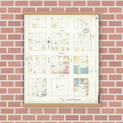 Old map wall art mockup — magnetic wood frame on brick wall — Sanborn Fire Insurance Map from Kyle, Hays County, Texas (1912), Sheet #0002