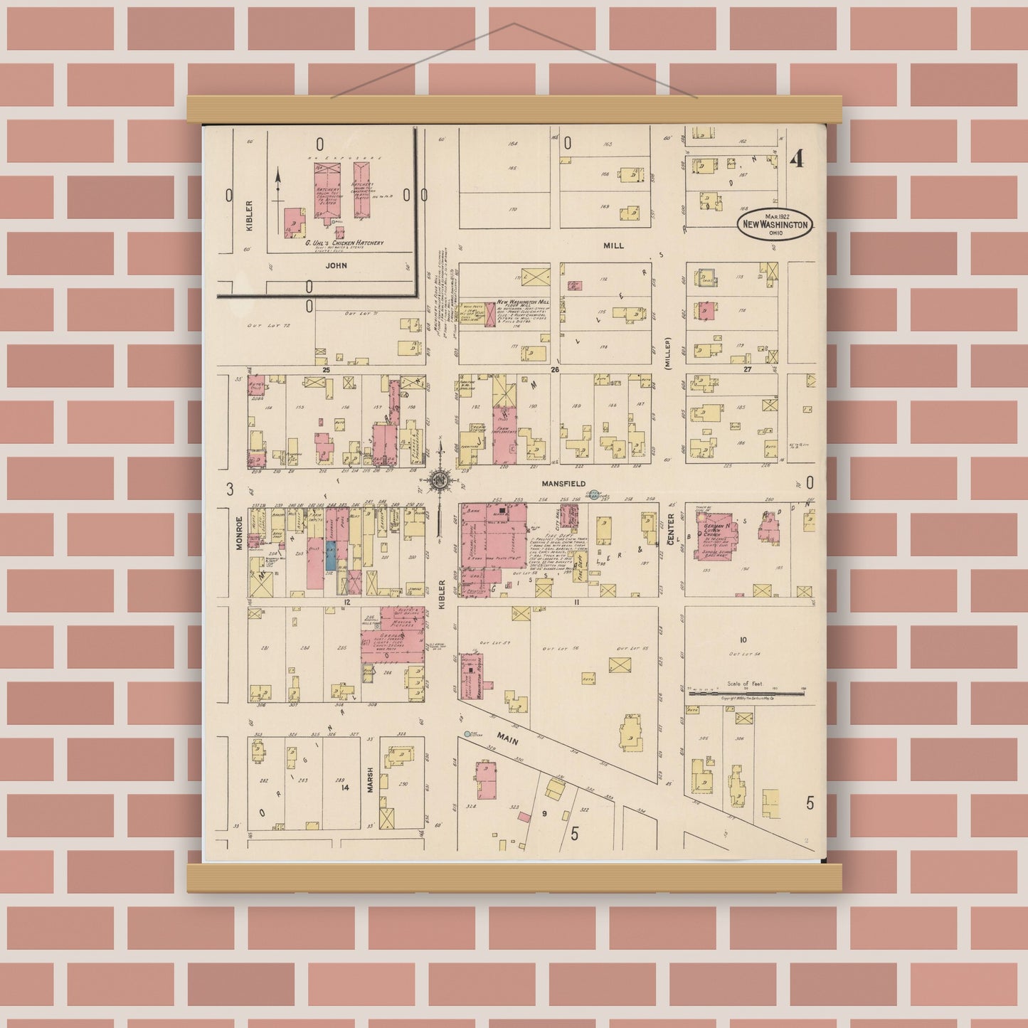 Old map wall art mockup — magnetic wood frame on brick wall — Sanborn Fire Insurance Map from New Washington, Crawford County, Ohio (1922), Sheet #0004